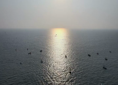 Aerial View of Fishing Boats in Arabian Sea Goa India at Sunset