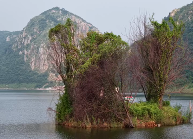 Aerial View of Giant Buddha Statue in Lake Surrounded by Hills Rajgir Bihar India
