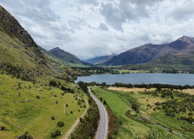 Aerial View of Glendhu Bay and Lake Wanaka Scenic Landscape New Zealand