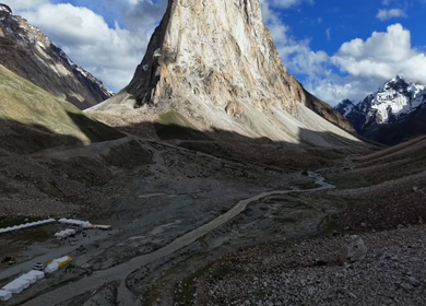 Aerial View of Gombo Rongjon Peak and Glacial River Valley in Zanskar, Ladakh