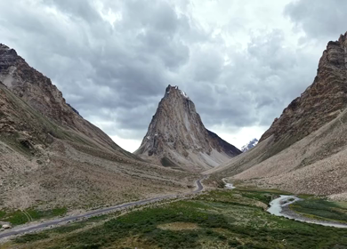 Aerial View of Gombo Rongjon Peak and Glacial River Valley in Zanskar, Ladakh