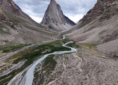 Aerial View of Gombo Rongjon Peak and Glacial River Valley in Zanskar, Ladakh