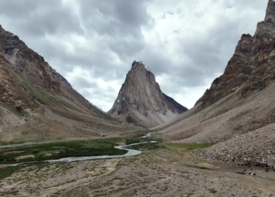 Aerial View of Gombo Rongjon Peak and Glacial River Valley in Zanskar, Ladakh