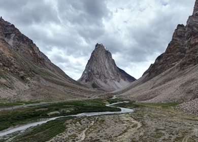 Aerial View of Gombo Rongjon Peak and Glacial River Valley in Zanskar, Ladakh
