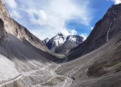 Aerial View of Gombo Rongjon Peak and Glacial River Valley in Zanskar, Ladakh