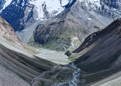 Aerial View of Gombo Rongjon Peak and Glacial River Valley in Zanskar, Ladakh