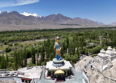 Aerial View of Guru Padmasambhava Statue and Himalayan Landscape in Ladakh India