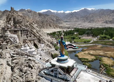 Aerial View of Guru Padmasambhava Statue and Himalayan Landscape in Ladakh India