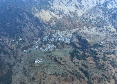 Aerial View of Himalayan Village near Deoriatal in Uttarakhand India