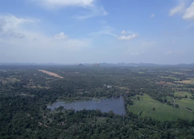 Aerial View of Hiriwadunna Lake with Sigiriya and Pidurangala Rocks Sri Lanka