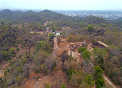 Aerial View of Historic Hilltop Ruins Overlooking Jabalpur, India