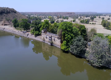 Aerial View of Historic Stepwell and Lake in Chanderi Madhya Pradesh