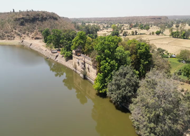 Aerial View of Historic Stepwell and Lake in Chanderi Madhya Pradesh