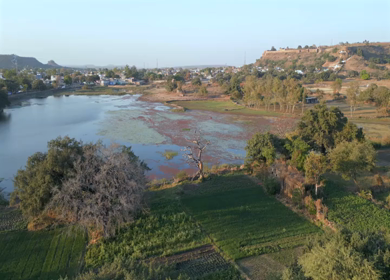 Aerial View of Historic Stepwell and Lake in Chanderi Madhya Pradesh