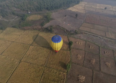 Aerial View of Hot Air Balloon Over Rural Landscape Sanchi Madhya Pradesh