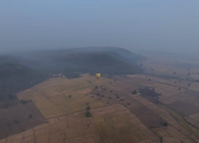 Aerial View of Hot Air Balloon Over Rural Landscape Sanchi Madhya Pradesh