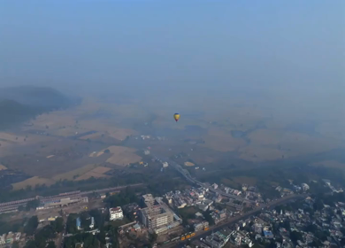 Aerial View of Hot Air Balloon Over Rural Landscape Sanchi Madhya Pradesh