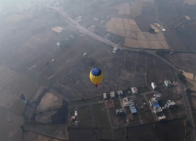 Aerial View of Hot Air Balloon Over Rural Landscape Sanchi Madhya Pradesh