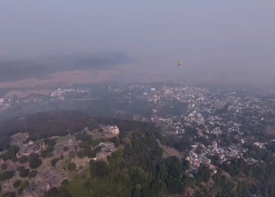 Aerial View of Hot Air Balloon Over Rural Landscape Sanchi Madhya Pradesh