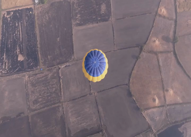 Aerial View of Hot Air Balloon Over Rural Landscape Sanchi Madhya Pradesh