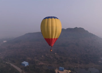 Aerial View of Hot Air Balloon Over Rural Landscape Sanchi Madhya Pradesh