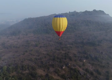 Aerial View of Hot Air Balloon Over Rural Landscape Sanchi Madhya Pradesh