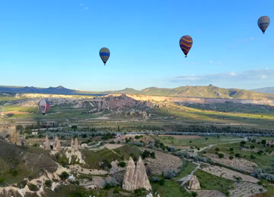 Aerial View of Hot Air Balloons Flying Over Cappadocia Landscape in Turkey