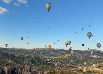Aerial View of Hot Air Balloons Flying Over Cappadocia Landscape in Turkey