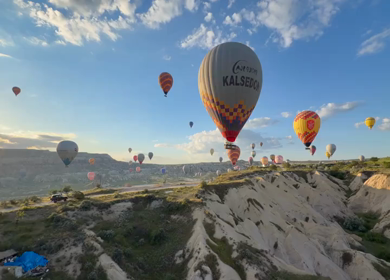 4th June 2026 : Aerial View of Hot Air Balloons Flying Over Cappadocia Landscape in Turkey