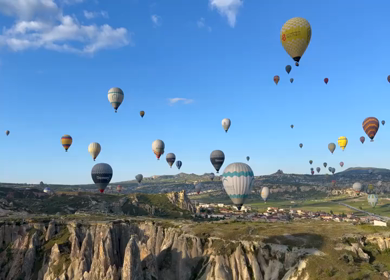 4th June 2026 : Aerial View of Hot Air Balloons Flying Over Cappadocia Landscape in Turkey