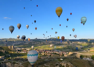 4th June 2026 : Aerial View of Hot Air Balloons Flying Over Cappadocia Landscape in Turkey