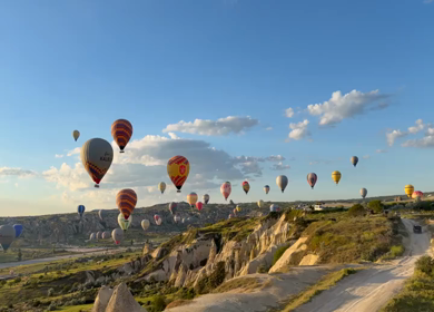 Aerial View of Hot Air Balloons Flying Over Cappadocia Landscape in Turkey