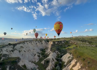 Aerial View of Hot Air Balloons Flying Over Cappadocia Landscape in Turkey