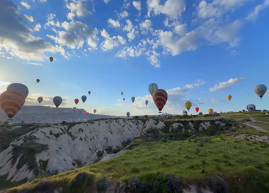 Aerial View of Hot Air Balloons Flying Over Cappadocia Landscape in Turkey