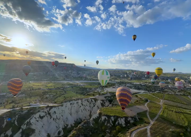Aerial View of Hot Air Balloons Flying Over Cappadocia Landscape in Turkey