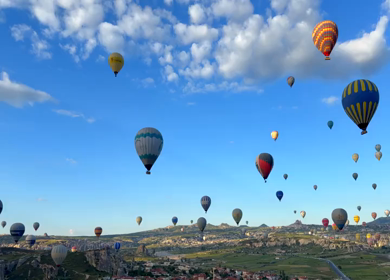Aerial View of Hot Air Balloons Flying Over Cappadocia Landscape in Turkey