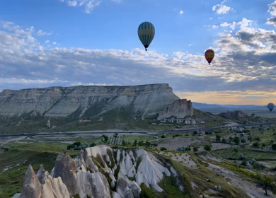 Aerial View of Hot Air Balloons Flying Over Cappadocia Landscape in Turkey