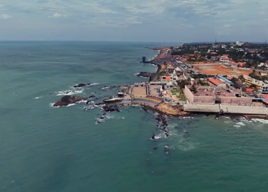 Aerial View of Kanyakumari Coastal Town and Seafront Temples Tamil Nadu India