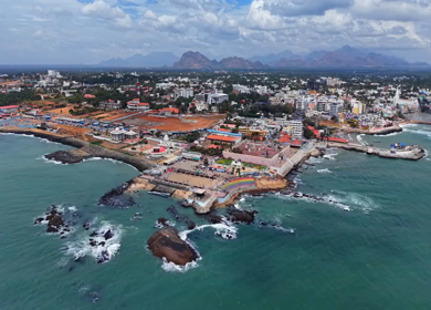 Aerial View of Kanyakumari Coastal Town and Seafront Temples Tamil Nadu India
