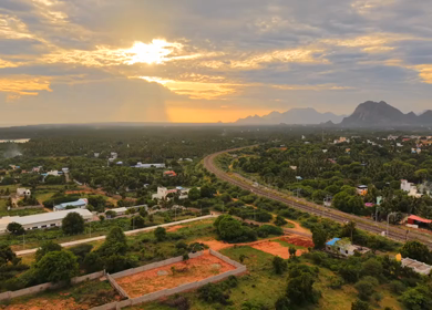 Aerial View of Kanyakumari Landscape with Railway Track at Sunset Tamil Nadu India