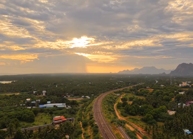 Aerial View of Kanyakumari Landscape with Railway Track at Sunset Tamil Nadu India