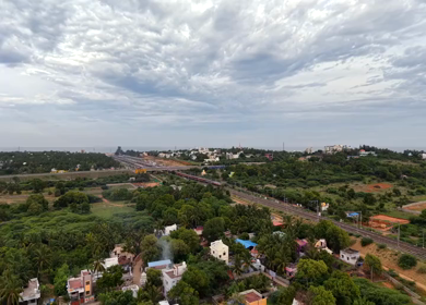 Aerial View of Kanyakumari Landscape with Railway Track at Sunset Tamil Nadu India