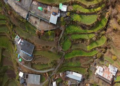 Aerial View of Kedarkantha Trek with Villages and Himalayan Mountains