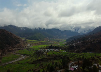 Aerial View of Kedarkantha Trek with Villages and Himalayan Mountains