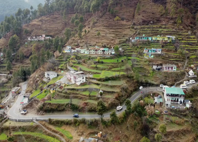 Aerial View of Kedarkantha Trek with Villages and Himalayan Mountains