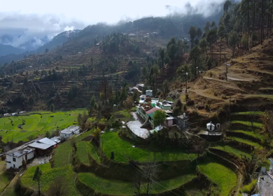 Aerial View of Kedarkantha Trek with Villages and Himalayan Mountains