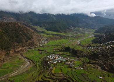 Aerial View of Kedarkantha Trek with Villages and Himalayan Mountains