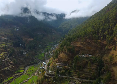Aerial View of Kedarkantha Trek with Villages and Himalayan Mountains