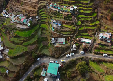 Aerial View of Kedarkantha Trek with Villages and Himalayan Mountains