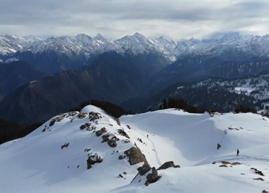 Aerial View of Kedarkantha Winter Trek with Snow Covered Mountains Uttarakhand